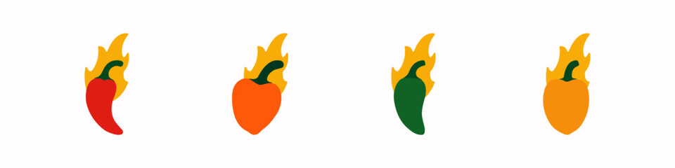 Set of hot peppers vector. Vector icon set of hot fire peppers. Chili peppers, jalapeno, habanero, cayenne. Set of fruits vector. Vector illustration.