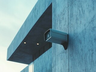 Security camera mounted on teal wall
