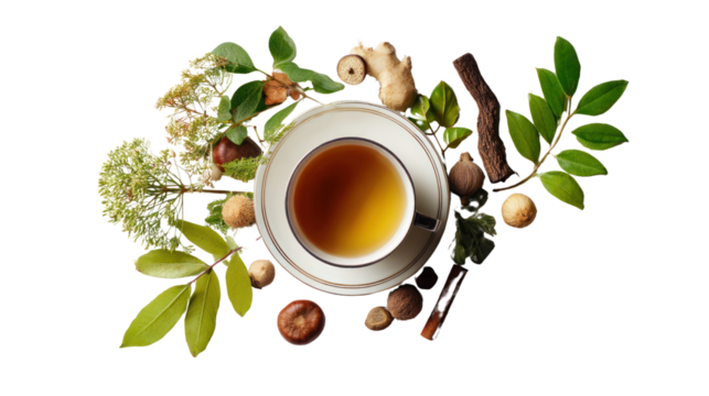 A cup of herbal tea surrounded by various leaves and herbs. - Powered by Adobe