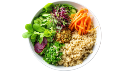 A vibrant salad bowl with quinoa, fresh greens, and colorful vegetables.