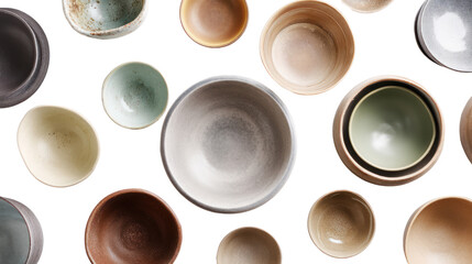 Assorted ceramic bowls on white isolated background.