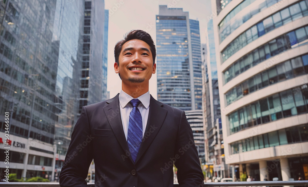Poster Man in a suit and tie stands in front of a tall building with a smile on his face