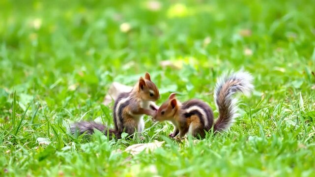 Baby squirrels playing in a park&rsquo;s grassy area