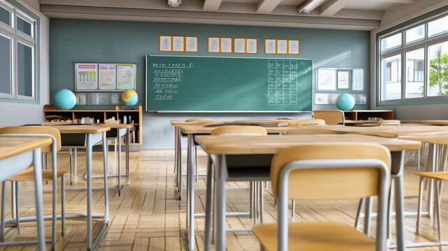 Interior of a classroom with empty desks and chairs, a chalkboard with mathematical equations, globes and educational posters on the walls.