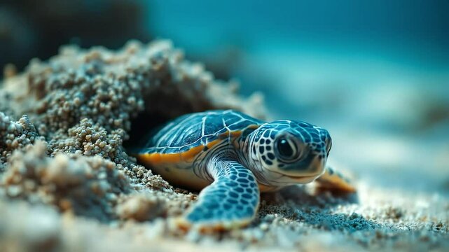  Baby turtle emerging from nest, crawling to the ocean