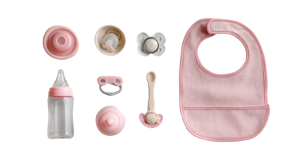 Baby feeding accessories on white isolated background.
