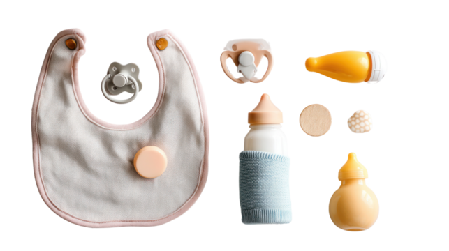 Baby accessories on a white isolate background.