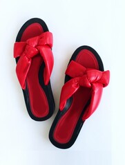 Red flip-flops on a white background. View from above.