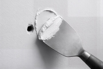 Close up of wall being repaired with spackling paste and metal putty knife. Useful for DIY, home repair, renovation, and maintenance concepts.