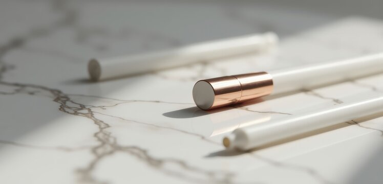 Elegant white pens with rose gold accents resting on a marble surface, perfect for branding, stationery design, or luxury business presentations.