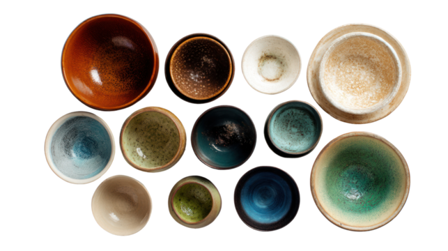 Colorful ceramic bowls of various sizes arranged creatively, white isolate background