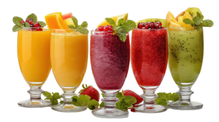 Colorful fruit smoothies in elegant glasses, white isolate background.