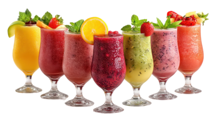 Colorful fruit smoothies in glasses, vibrant and refreshing, perfect for summer.