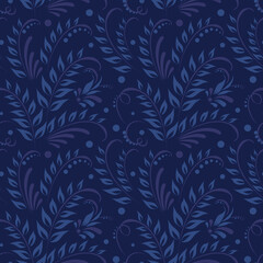 Christmas pattern in old Russian style. Traditional, folk motif. Dark blue Vector background with winter twigs, curls and leaves. For festive greeting cards, fabric, textile, clothing, wrapping.