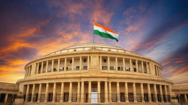 Indian Flag Waving on Top of the Parliament House Building in New Delhi at Sunset