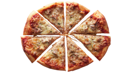 Delicious pizza with toppings, cut into eight slices, on white background.
