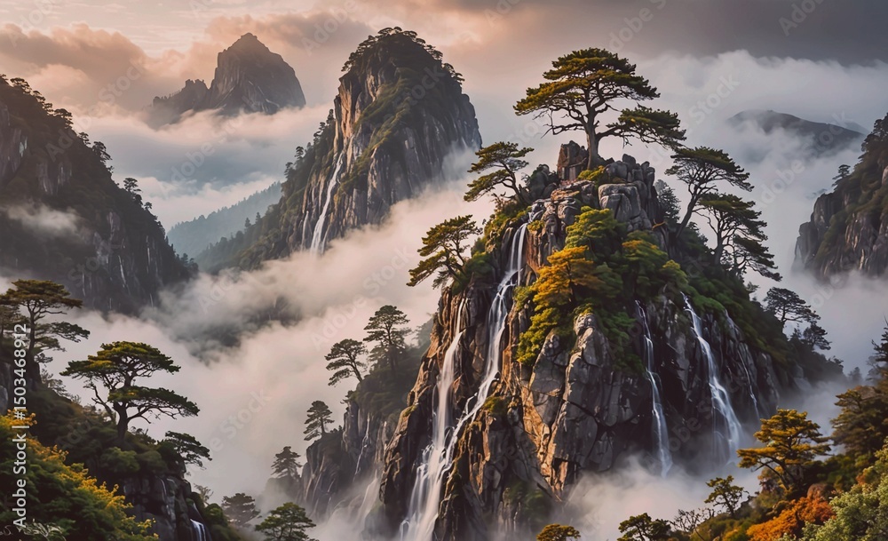 Poster mountain range with a waterfall and trees. the sky is cloudy and the mountains are covered in mist