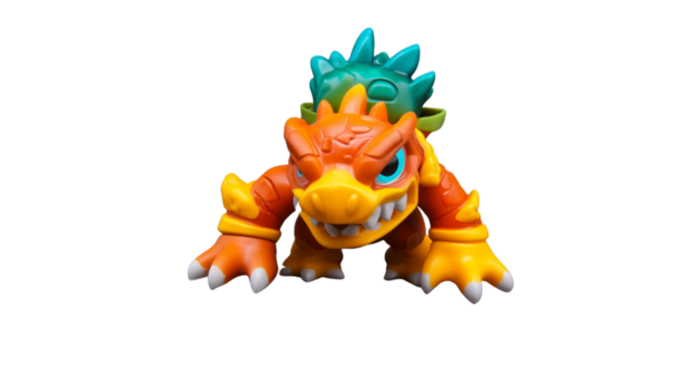 Orange and Green Plastic Dinosaur Toy with Transparent Background