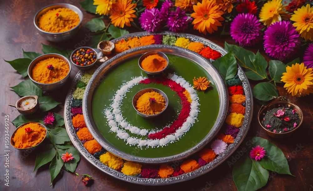Poster Green tray with a colorful design and a variety of spices on it. The tray is surrounded by flowers and leaves, creating a festive and inviting atmosphere