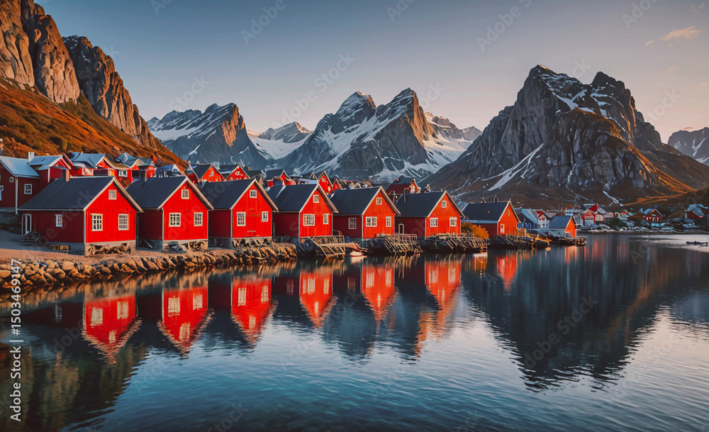 Poster beautiful mountain range with a lake in the foreground. the lake is surrounded by a row of red house