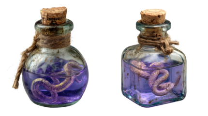 Two bottles with snake inside isolated on transparent background, magic potion