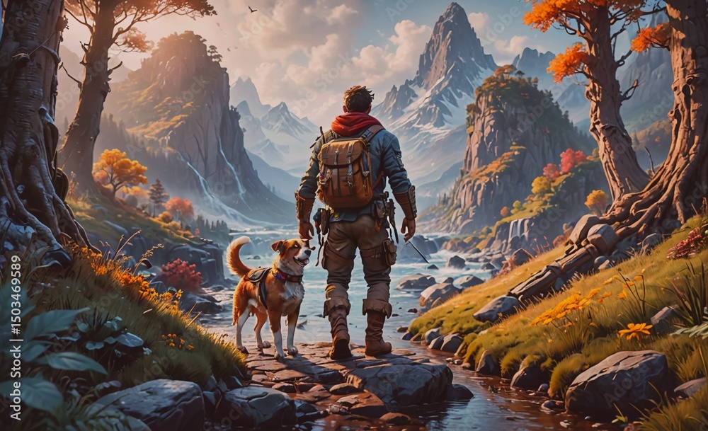 Aufkleber man and his dog are walking through a forest. the man is wearing a backpack and has a rifle on his b
