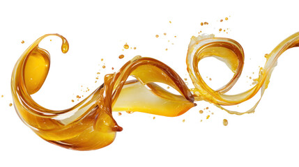 Golden syrup in liquid form creating a dynamic swirl, isolated on white background.