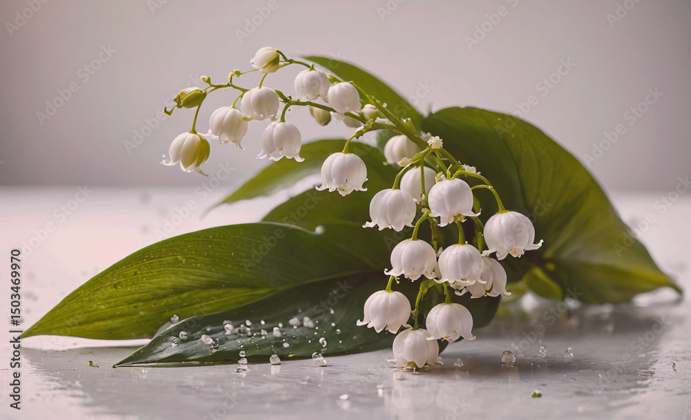 Poster bunch of white flowers with green leaves. the flowers are arranged in a way that they are not touchi