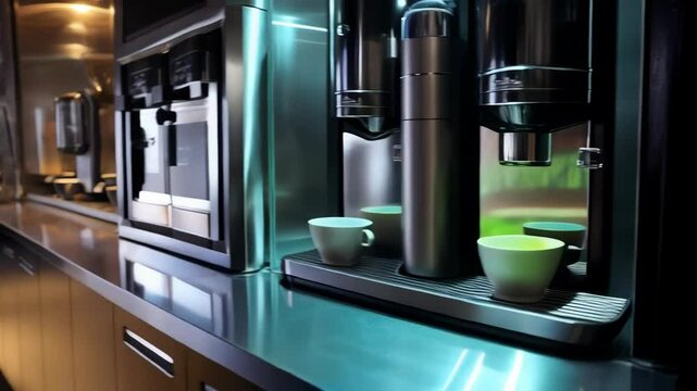 Automated coffee stations on a black countertop with coffee cups, commercial setting with multiple machines for dispensing beverages