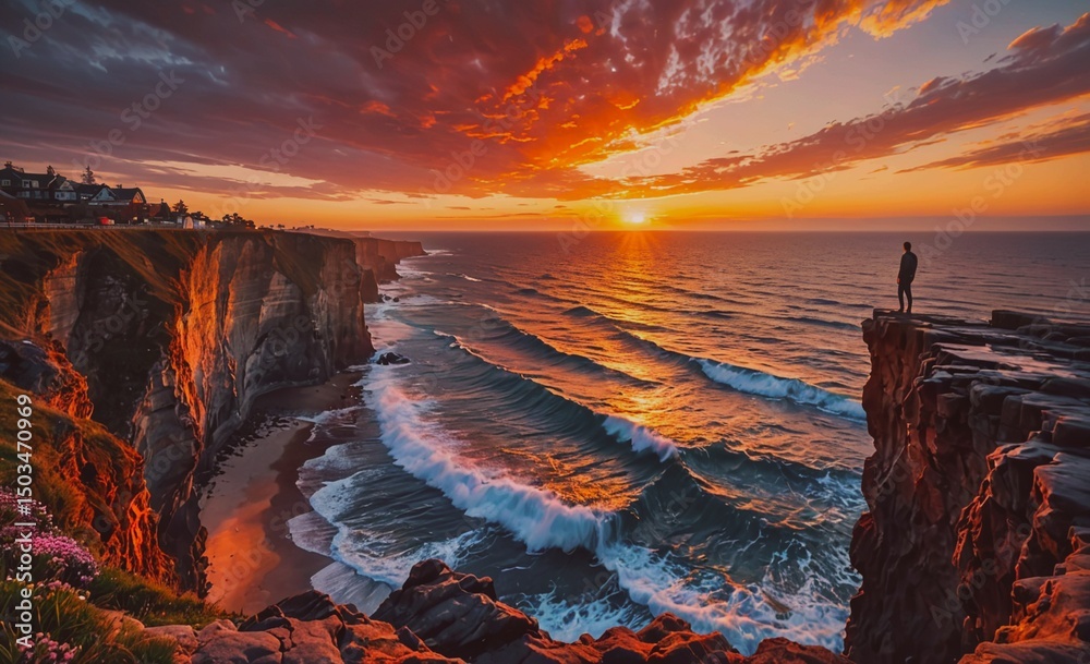 Poster Man stands on a cliff overlooking the ocean at sunset. The sky is filled with orange and pink hues, creating a warm and serene atmosphere. The waves crashing against the rocks below add to the sense