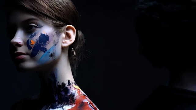Three diverse young women with artistic paint designs on face and upper body posing in studio with dark backdrop
