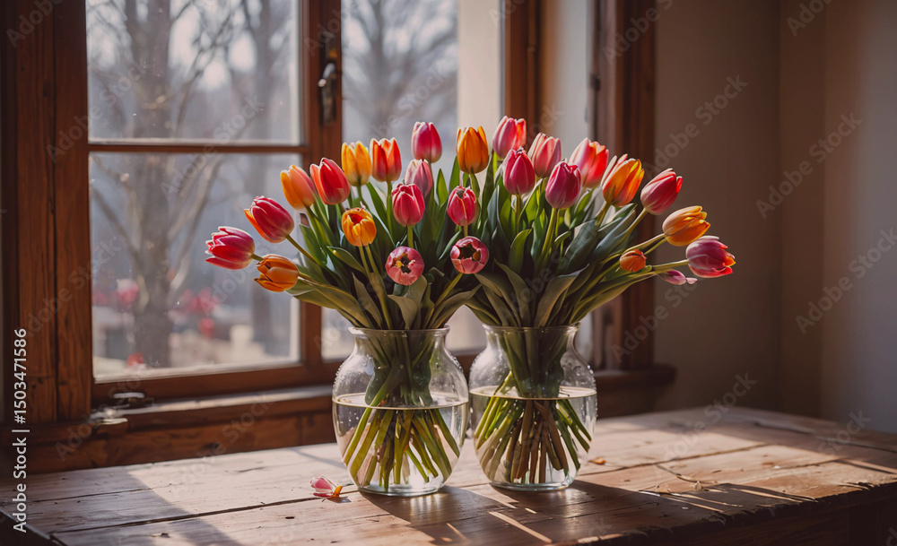 Poster two vases of tulips sit on a wooden table by a window. the tulips are in various colors, including r