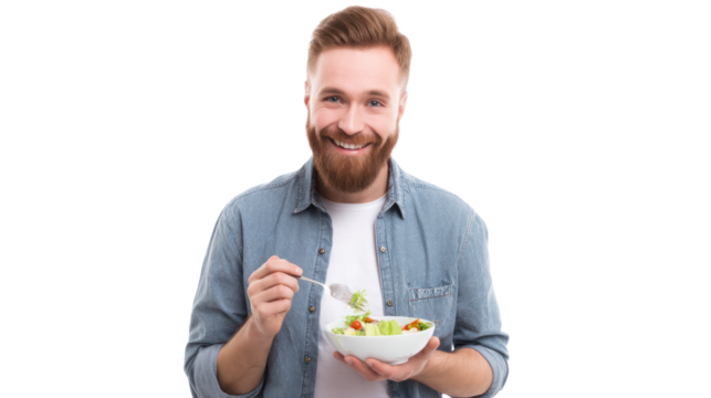 Smiling man enjoying a fresh salad in a bowl, healthy eating concept.