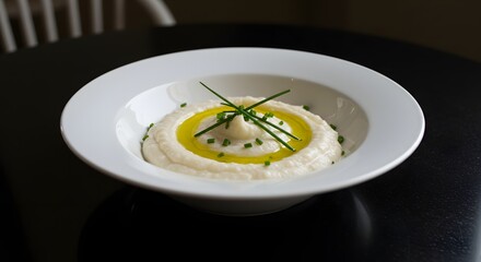 Creamy Cauliflower Puree with Olive Oil and Chives in Elegant White Bowl
