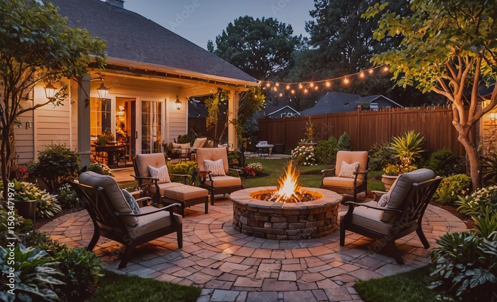Poster fire pit surrounded by chairs and a patio with a white house in the background. the fire pit is lit 