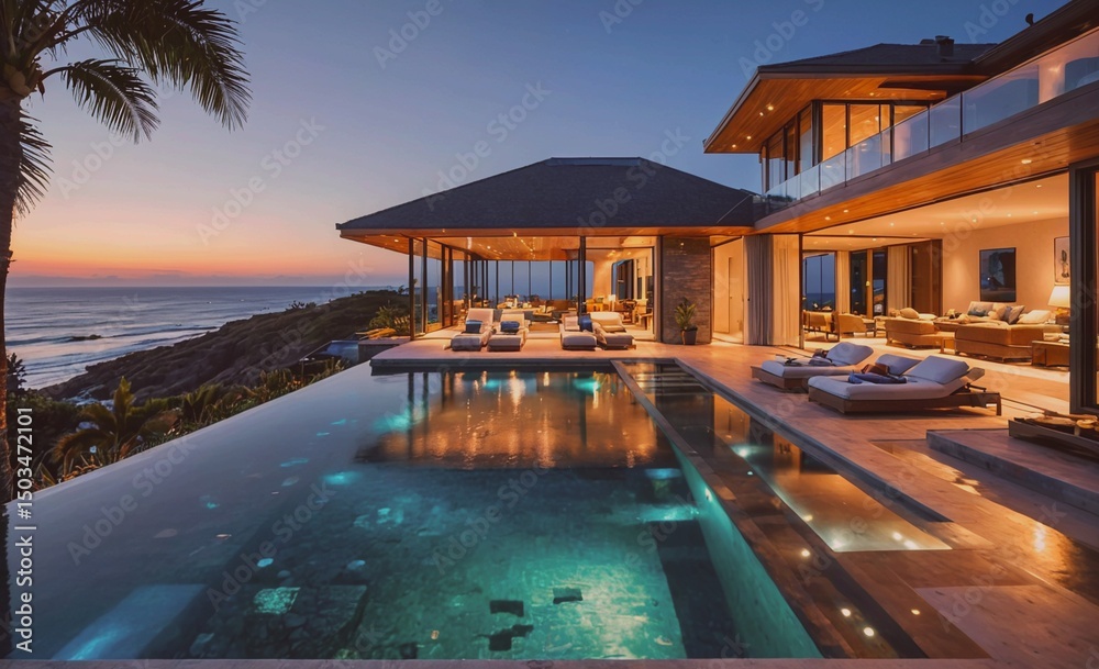 Poster Large pool with a house in the background. The pool is lit up and the house is surrounded by palm trees