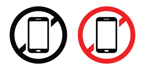 Prohibition sign: red circle with black slash overlays central smartphone emitting radio waves. Modern flat design, symbolic of restricted phone use. Bold red, black, white.