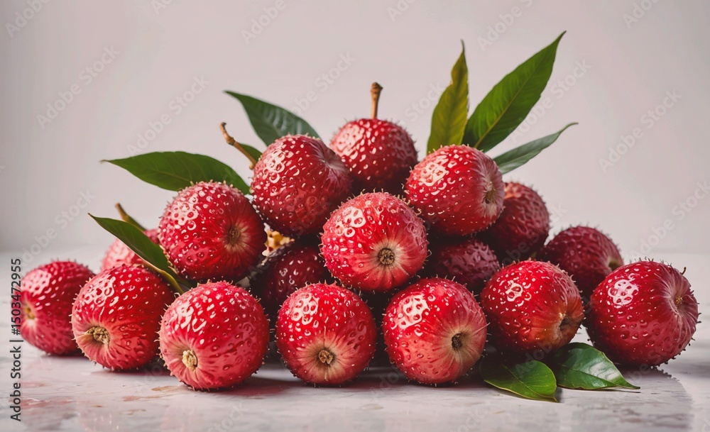 Poster pile of red apples with green leaves on top. the apples are shiny and ripe, and the leaves add a tou