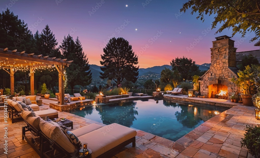 Aufkleber Large pool with a fire pit and a gazebo in the background. The pool is surrounded by lounge chairs and a fire pit. The scene is peaceful and relaxing