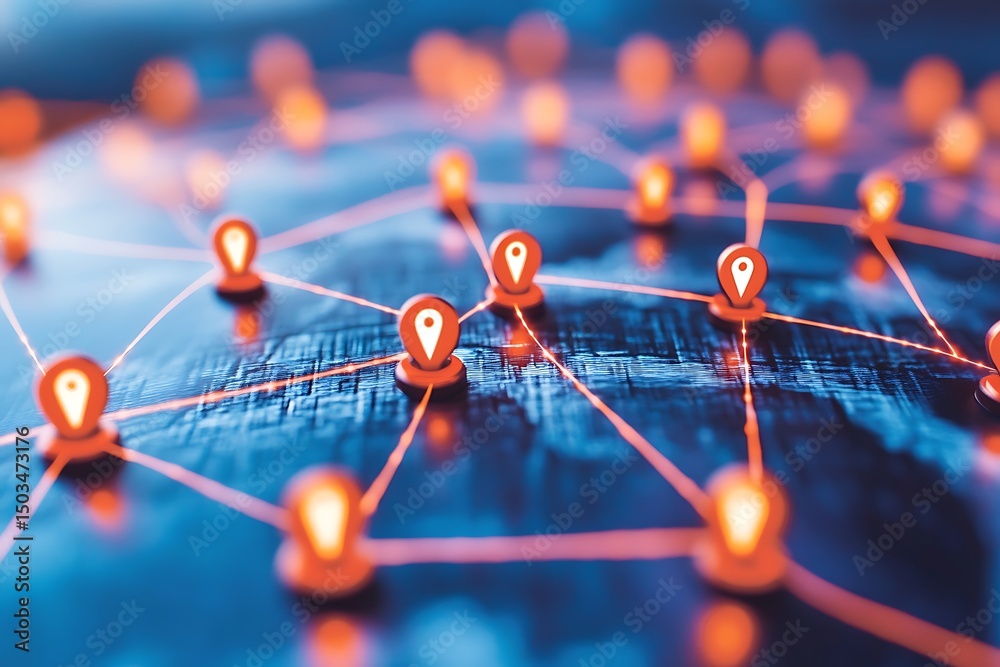 Wall mural interconnected network: orange location pins on textured blue surface, abstract global connection.