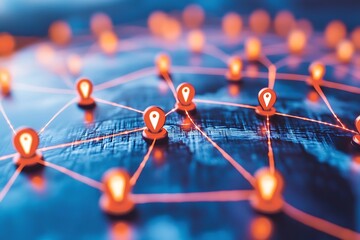 Interconnected Network: Orange Location Pins on Textured Blue Surface, Abstract Global Connection.