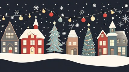 Fototapeta premium Winter wonderland village scene with houses and christmas trees.