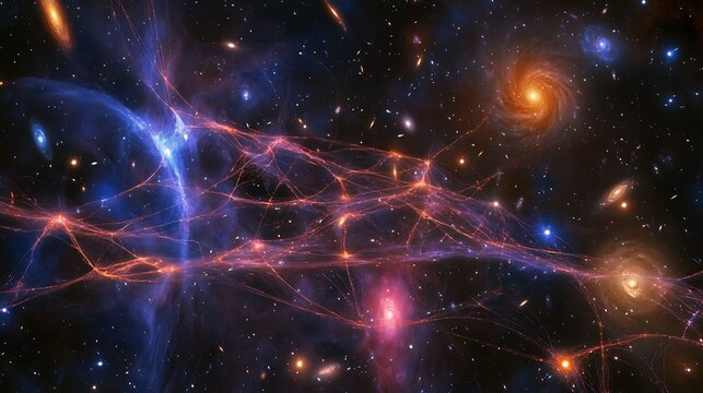 Stunning illustration of the cosmic web with dark matter filaments connecting galaxies in an intricate vast structure that spans across the universe