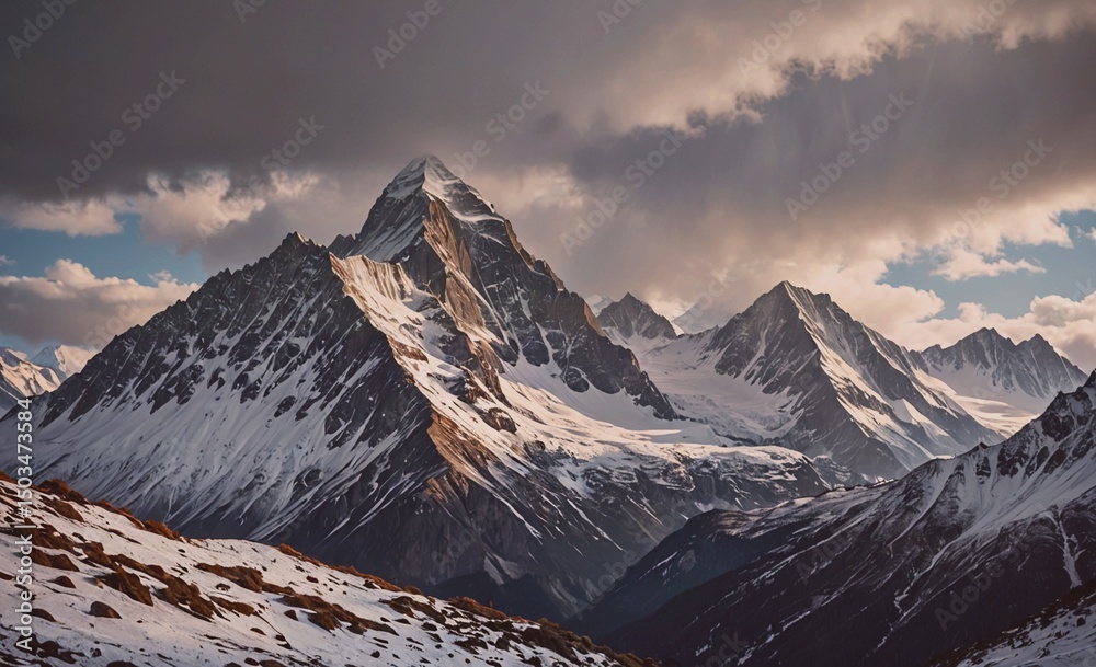 Poster the mountains are covered in snow and the sky is cloudy. the mountains are tall and majestic, and th