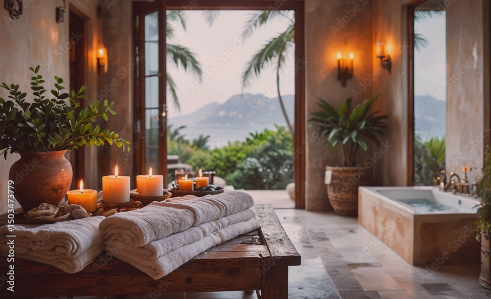 Poster bathroom with a large window overlooking the ocean. the room is decorated with candles and a vase of