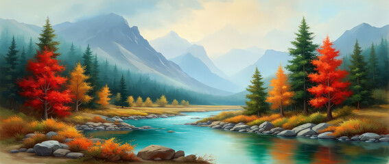 A calm autumn scene with a flowing river, snow-capped mountains and trees under a soft, cloudy sky in a quiet valley.  