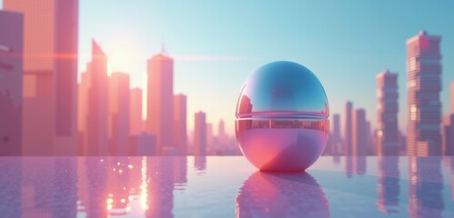 A futuristic spherical object set against a vibrant city skyline, evoking themes of innovation and design in modern technology and marketing.
