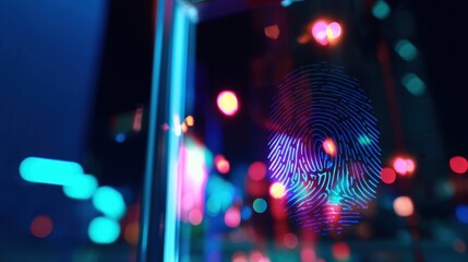 Smart City Abstract fingerprint design illuminated by colorful lights in a modern setting.