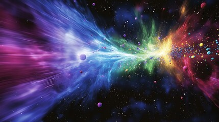 Fototapeta premium Vibrant scene of cosmic inflation showing the early universe rapidly expanding with colorful energy waves and primordial particles