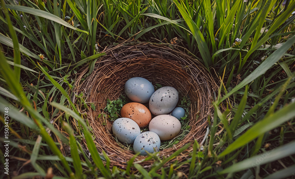 Poster nest of eggs with a few brown and white eggs in it. the nest is in a grassy area